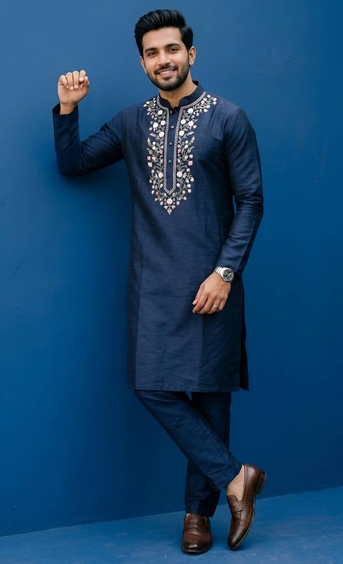 Navy embroidered dupion silk kurta set