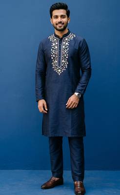 Navy embroidered dupion silk kurta set 2