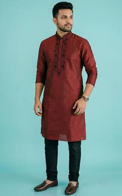Maroon embroidered dupion silk kurta set 1