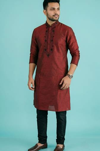 Maroon embroidered dupion silk kurta set