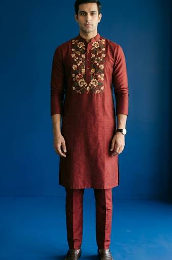Maroon embroidered dupion silk kurta set