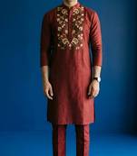 Maroon embroidered dupion silk kurta set