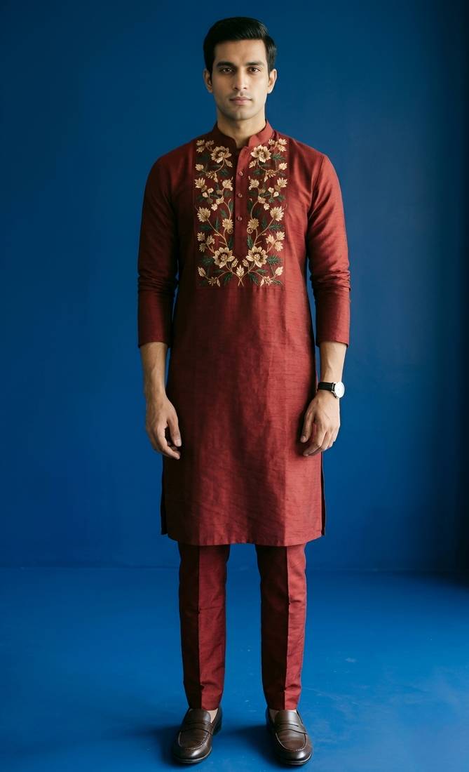 Maroon embroidered dupion silk kurta set