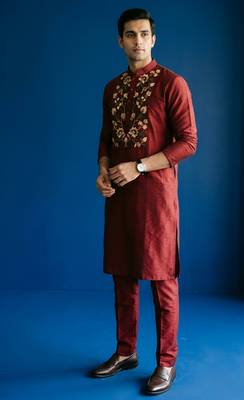 Maroon embroidered dupion silk kurta set 3