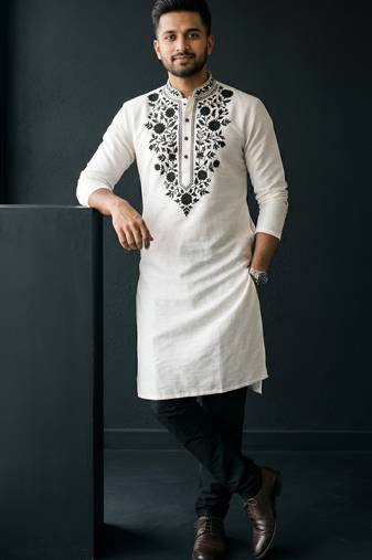 White embroidered dupion silk kurta set