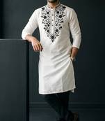 White embroidered dupion silk kurta set