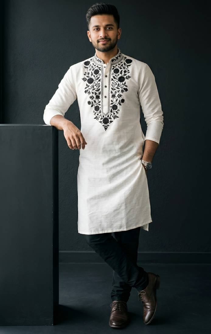 White embroidered dupion silk kurta set