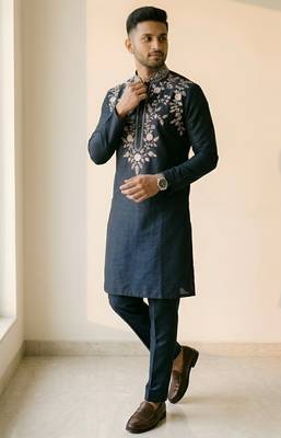 Navy embroidered dupion silk kurta set 2