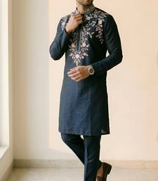 Navy embroidered dupion silk kurta set