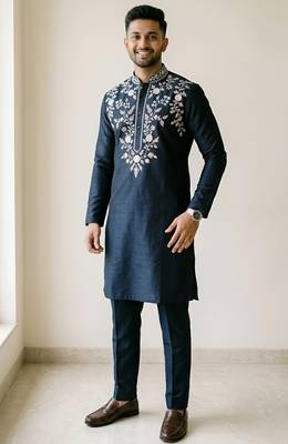 Navy embroidered dupion silk kurta set 3