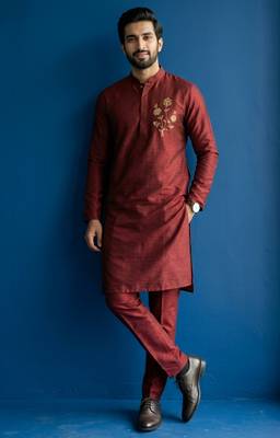 Maroon embroidered dupion silk kurta set 1