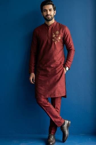 Maroon embroidered dupion silk kurta set