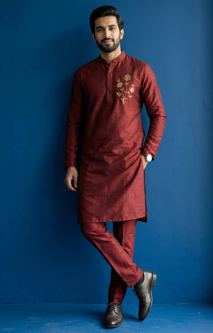 Maroon embroidered dupion silk kurta set