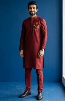 Maroon embroidered dupion silk kurta set 2