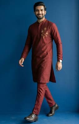 Maroon embroidered dupion silk kurta set 3