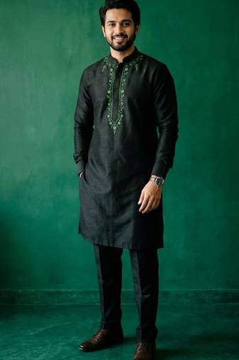 Black embroidered dupion silk kurta set