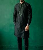 Black embroidered dupion silk kurta set