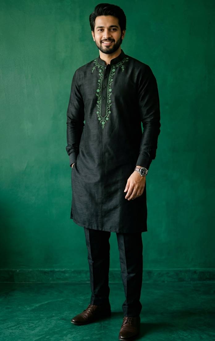 Black embroidered dupion silk kurta set