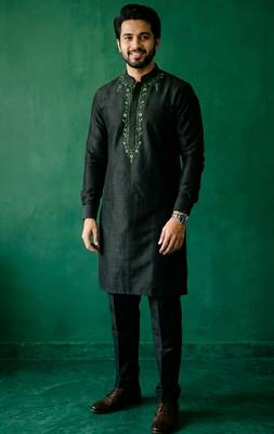 Black embroidered dupion silk kurta set 2