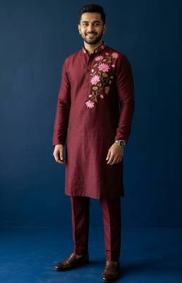 Maroon embroidered dupion silk kurta set 1