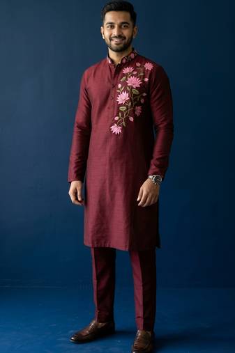 Maroon embroidered dupion silk kurta set