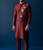 Maroon embroidered dupion silk kurta set