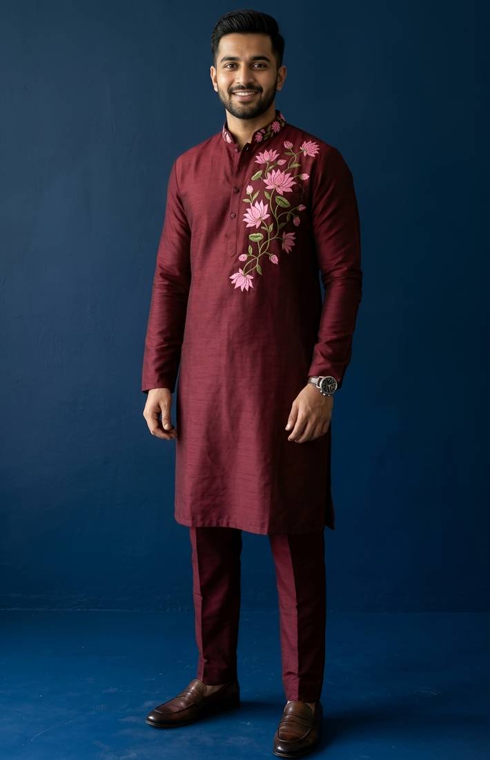 Maroon embroidered dupion silk kurta set
