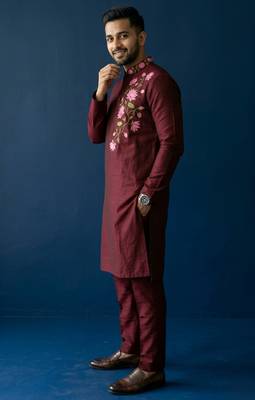 Maroon embroidered dupion silk kurta set 2
