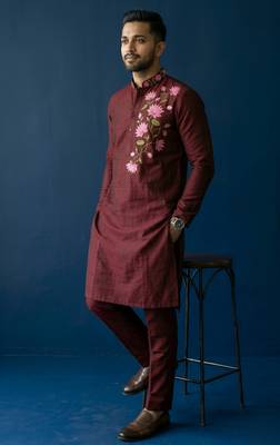 Maroon embroidered dupion silk kurta set 3