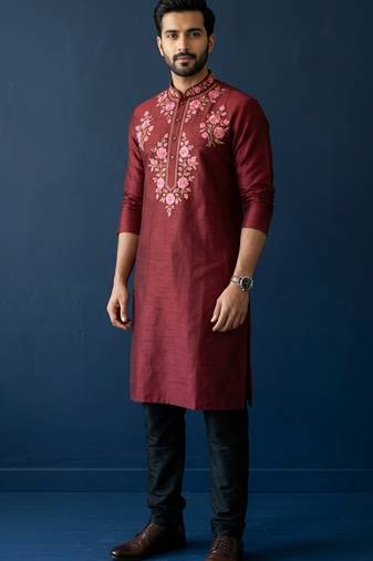 Maroon embroidered dupion silk kurta set
