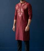 Maroon embroidered dupion silk kurta set