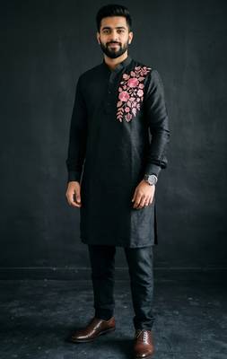 Black embroidered dupion silk kurta set 1