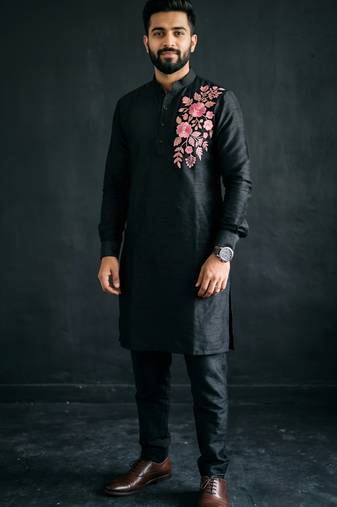 Black embroidered dupion silk kurta set