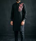 Black embroidered dupion silk kurta set