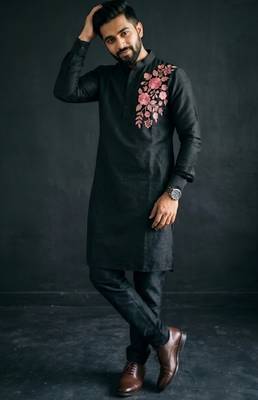 Black embroidered dupion silk kurta set 2