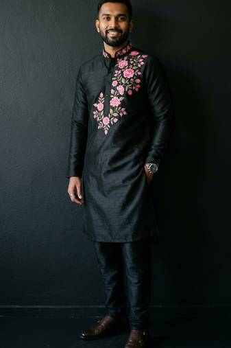Black embroidered dupion silk kurta set