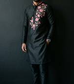 Black embroidered dupion silk kurta set