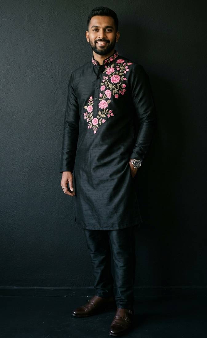 Black embroidered dupion silk kurta set