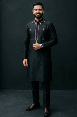 Black embroidered dupion silk kurta set 1