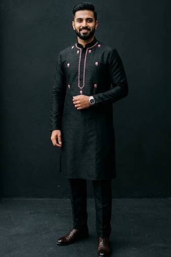 Black embroidered dupion silk kurta set