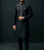 Black embroidered dupion silk kurta set