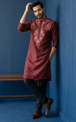 Maroon embroidered dupion silk kurta set 2