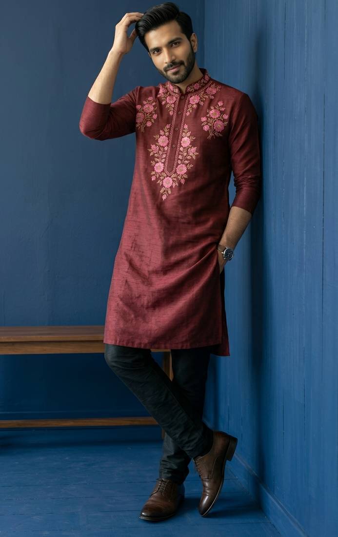 Maroon embroidered dupion silk kurta set
