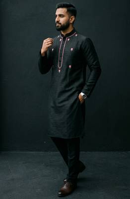 Black embroidered dupion silk kurta set 2