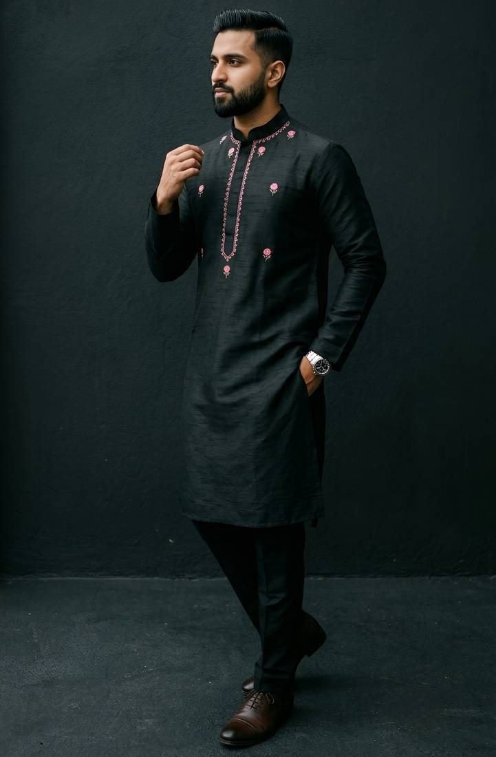 Black embroidered dupion silk kurta set