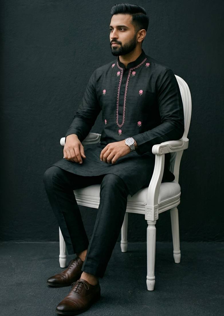 Black embroidered dupion silk kurta set
