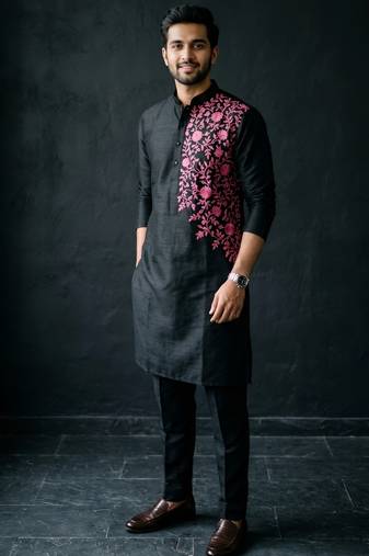 Black embroidered dupion silk kurta set