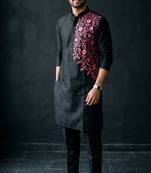 Black embroidered dupion silk kurta set