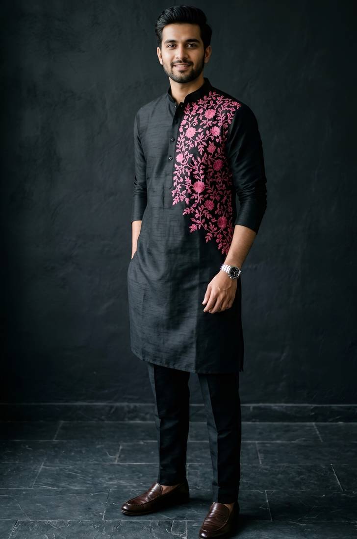 Black embroidered dupion silk kurta set