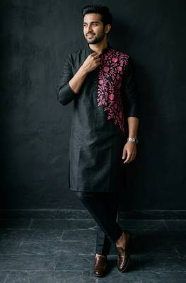 Black embroidered dupion silk kurta set 2